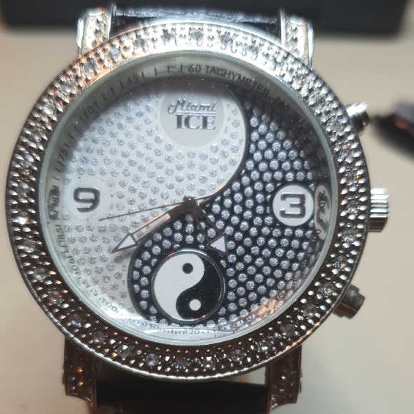 Miami Ice Other - Miami Ice Silver Diamond Leather Yin Yang Men's Watch